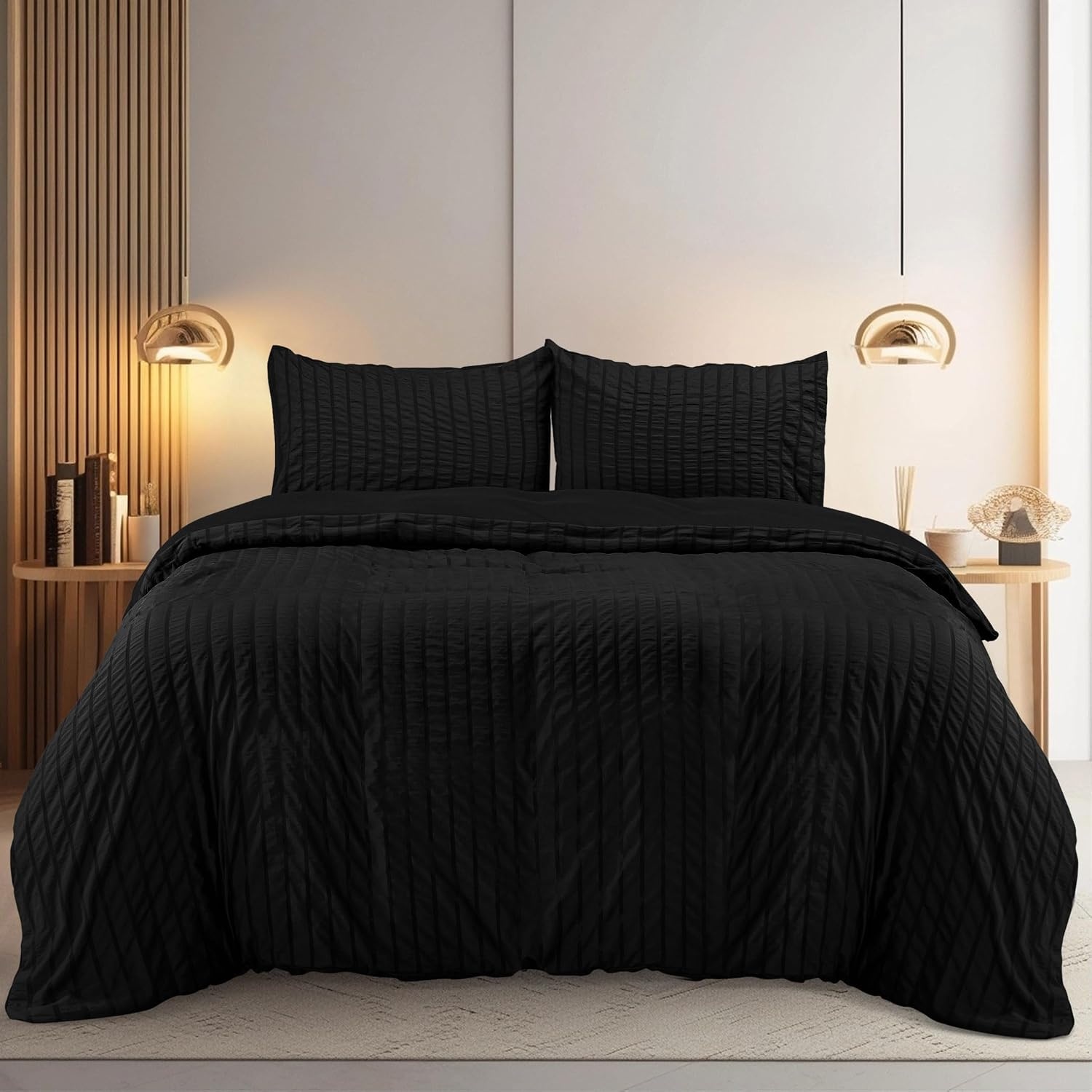 image:imageUtopia Bedding Seersucker Bettwsche 135x200 4teilig Mikrofaser Polyester 2 Bettbezug 135x200 cm 2 Kissenbezug 80x80 cm WeiSchwarz