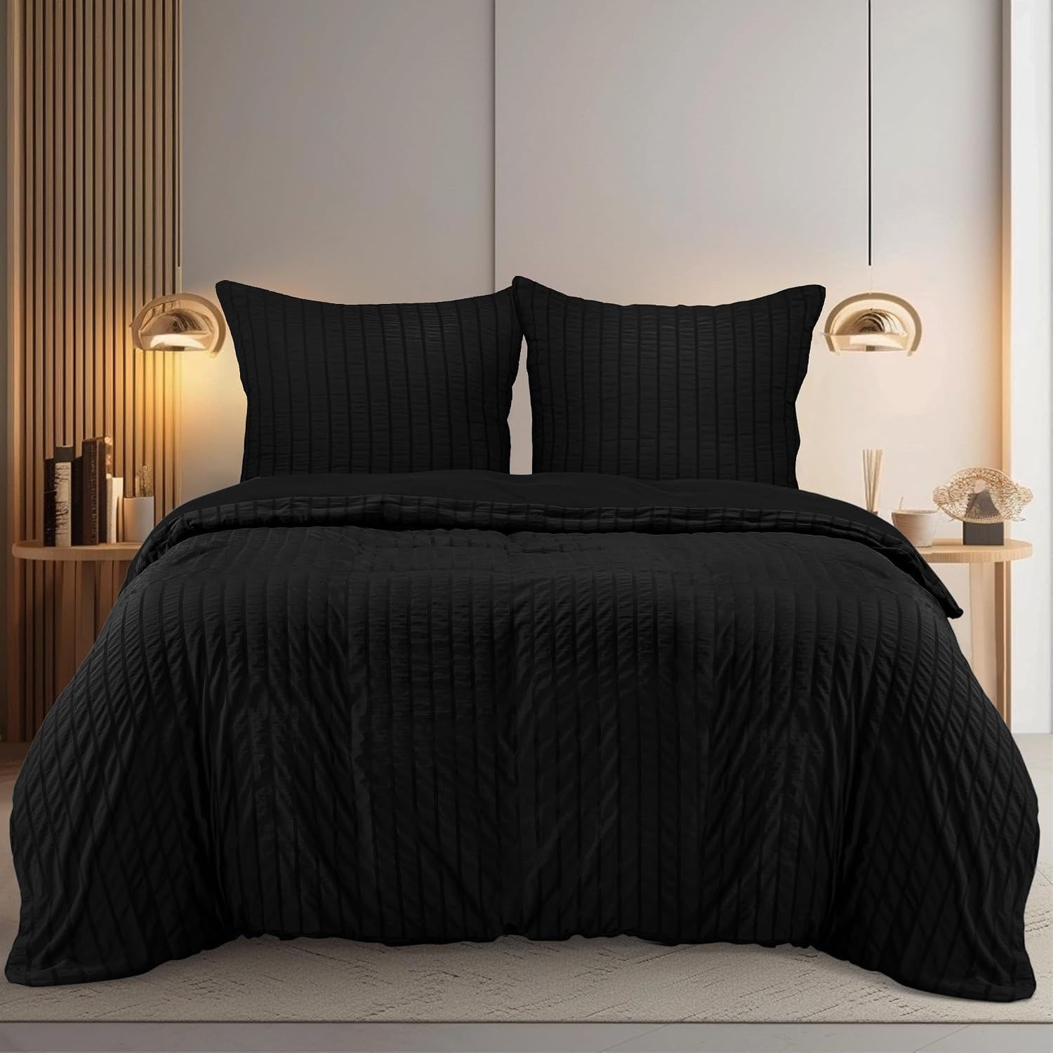 image:imageUtopia Bedding Seersucker Bettwsche 135x200 4teilig Mikrofaser Polyester 2 Bettbezug 135x200 cm 2 Kissenbezug 80x80 cm WeiSchwarz