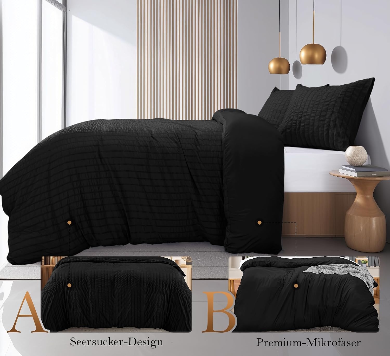 image:imageUtopia Bedding Seersucker Bettwsche 135x200 4teilig Mikrofaser Polyester 2 Bettbezug 135x200 cm 2 Kissenbezug 80x80 cm WeiSchwarz