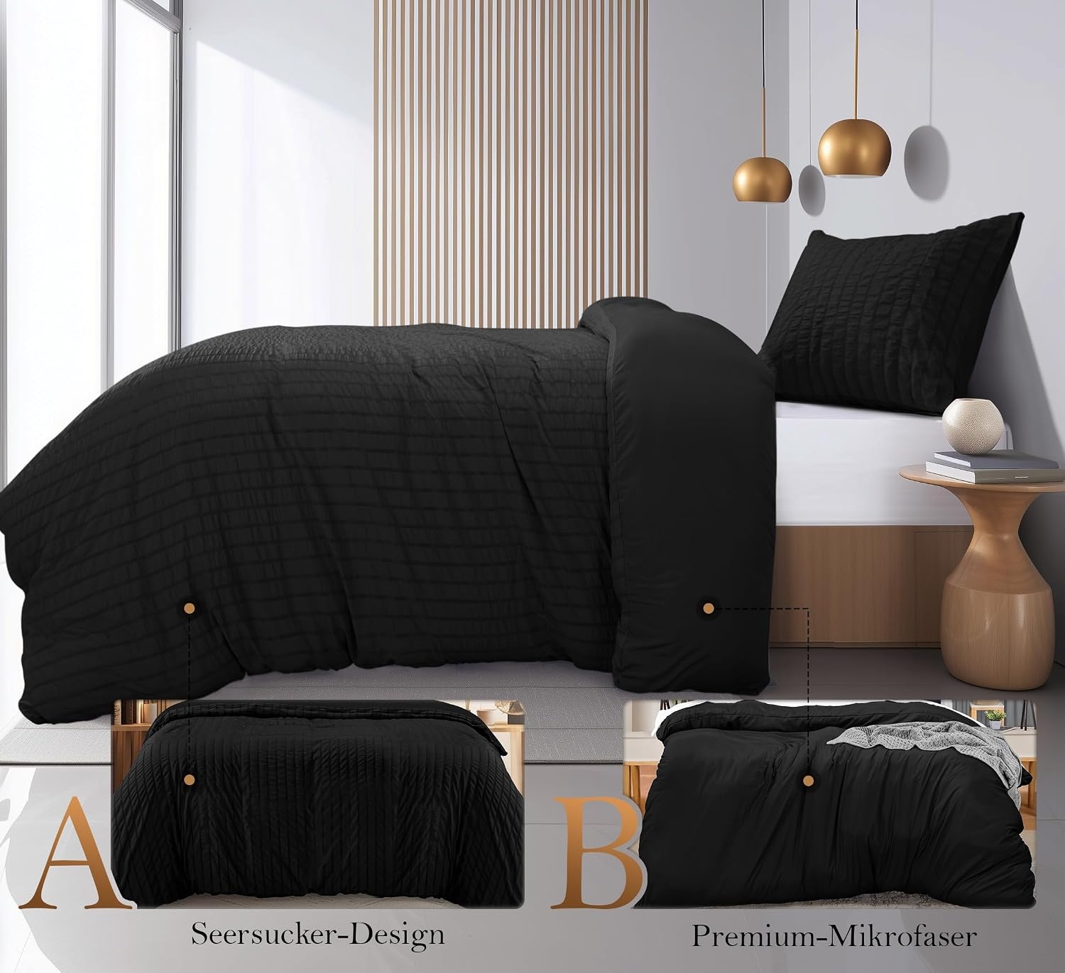 image:imageUtopia Bedding Seersucker Bettwsche 135x200 4teilig Mikrofaser Polyester 2 Bettbezug 135x200 cm 2 Kissenbezug 80x80 cm WeiSchwarz