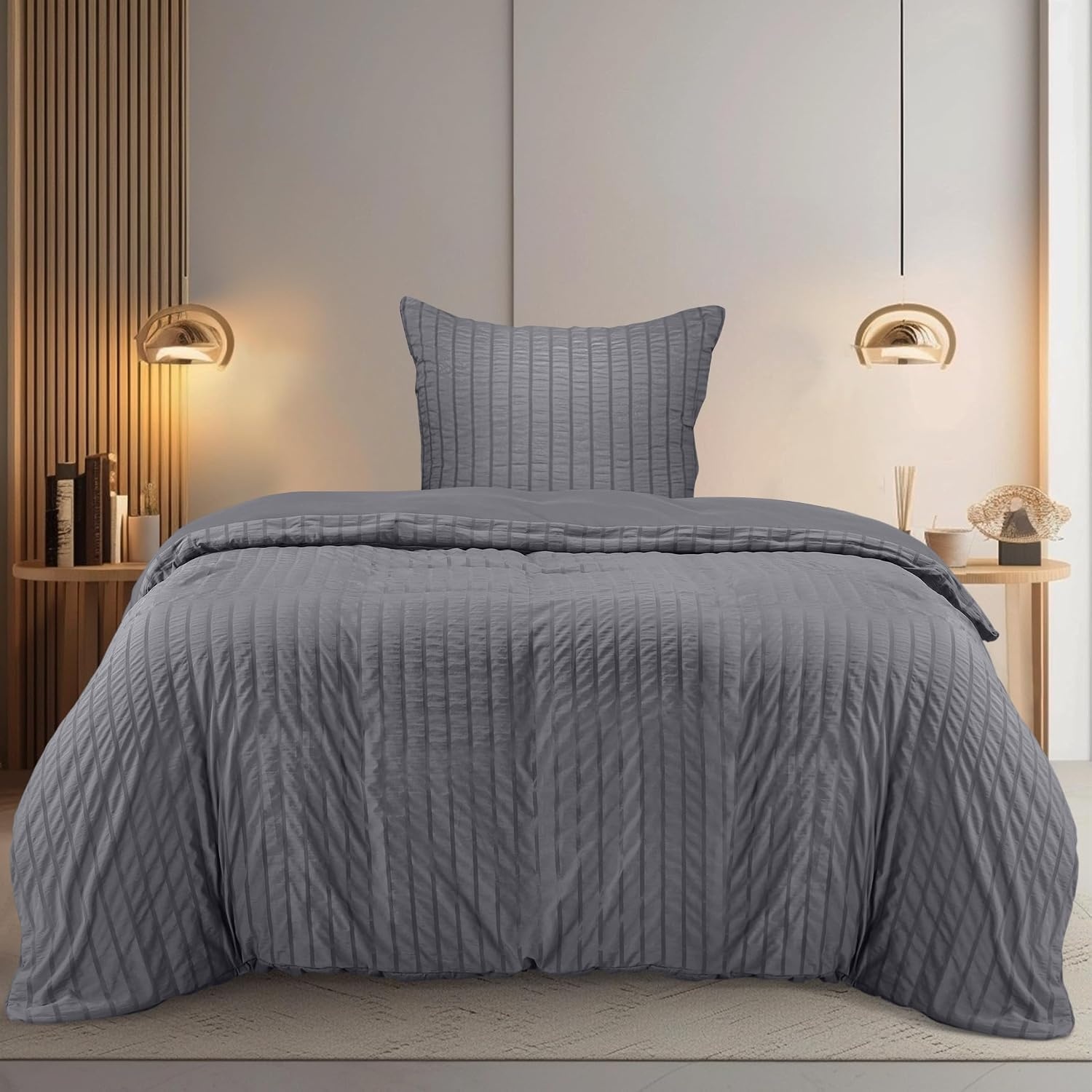 image:imageUtopia Bedding Seersucker Bettwsche 135x200 Set Mikrofaser Polyester Bettbezug 135x200 cm 1 Kissenbezug 80x80 cm BeigeGrau