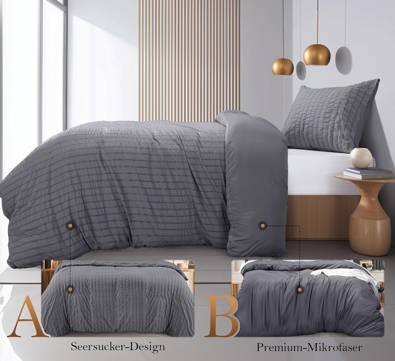 image:imageUtopia Bedding Seersucker Bettwsche 135x200 Set Mikrofaser Polyester Bettbezug 135x200 cm 1 Kissenbezug 80x80 cm BeigeGrau