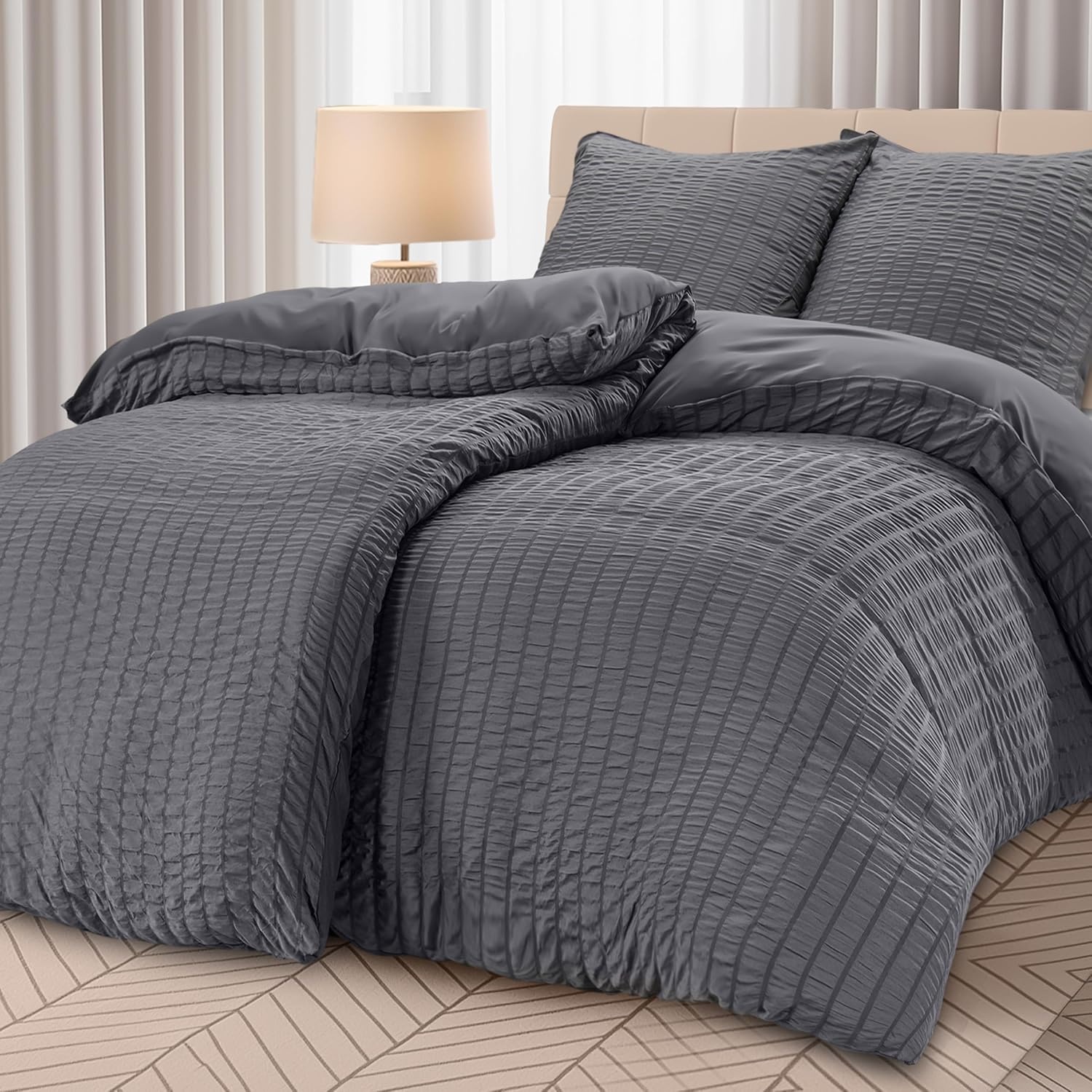 image:imageUtopia Bedding Seersucker Bettwsche 135x200 Set Mikrofaser Polyester Bettbezug 135x200 cm 1 Kissenbezug 80x80 cm BeigeGrau