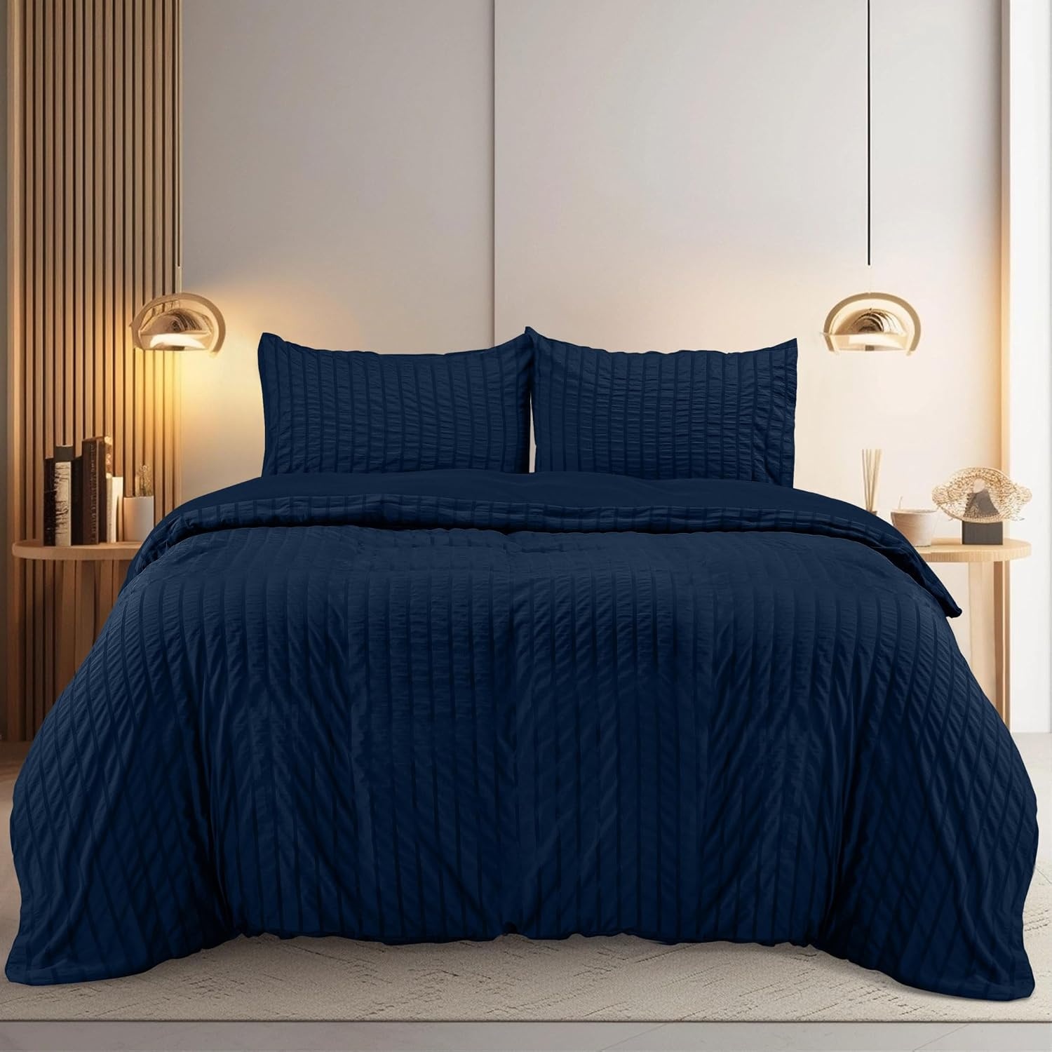 image:imageUtopia Bedding Seersucker Bettwsche 135x200 Set Mikrofaser Polyester Bettbezug 135x200 cm 1 Kissenbezug 80x80 cm BeigeMarineblau