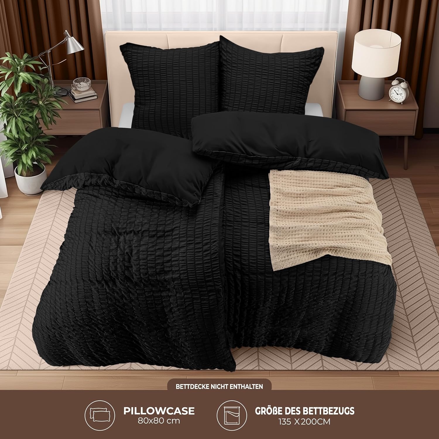 image:imageUtopia Bedding Seersucker Bettwsche 135x200 Set Mikrofaser Polyester Bettbezug 135x200 cm 1 Kissenbezug 80x80 cm BeigeSchwarz