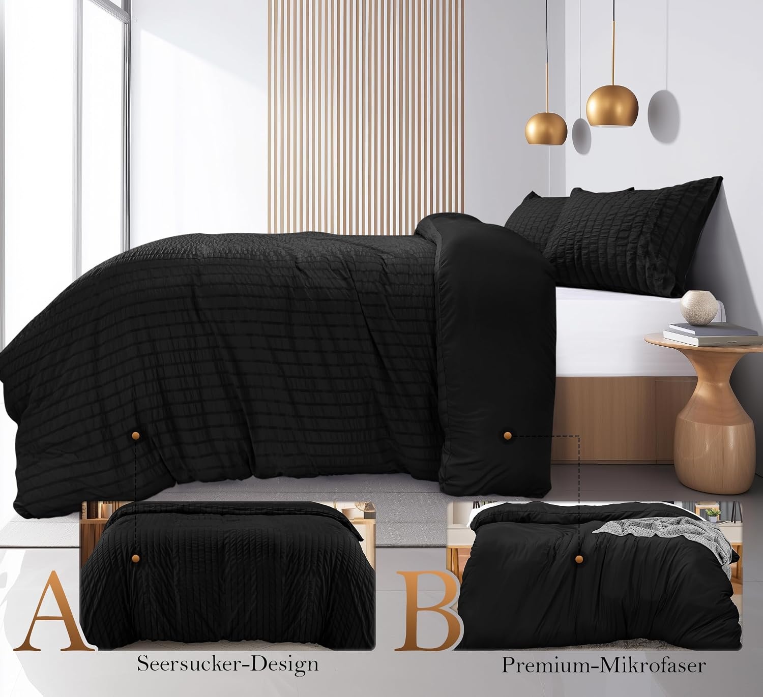 image:imageUtopia Bedding Seersucker Bettwsche 135x200 Set Mikrofaser Polyester Bettbezug 135x200 cm 1 Kissenbezug 80x80 cm BeigeSchwarz