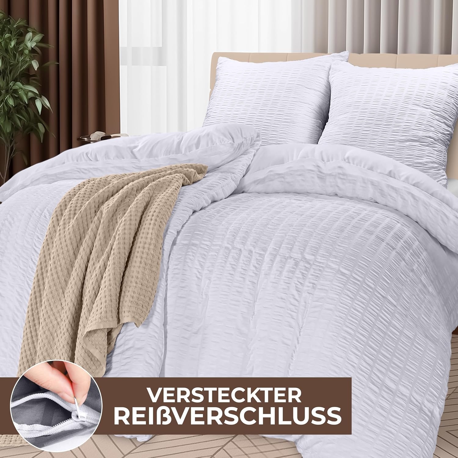 image:imageUtopia Bedding Seersucker Bettwsche 135x200 Set Mikrofaser Polyester Bettbezug 135x200 cm 1 Kissenbezug 80x80 cm BeigeWei