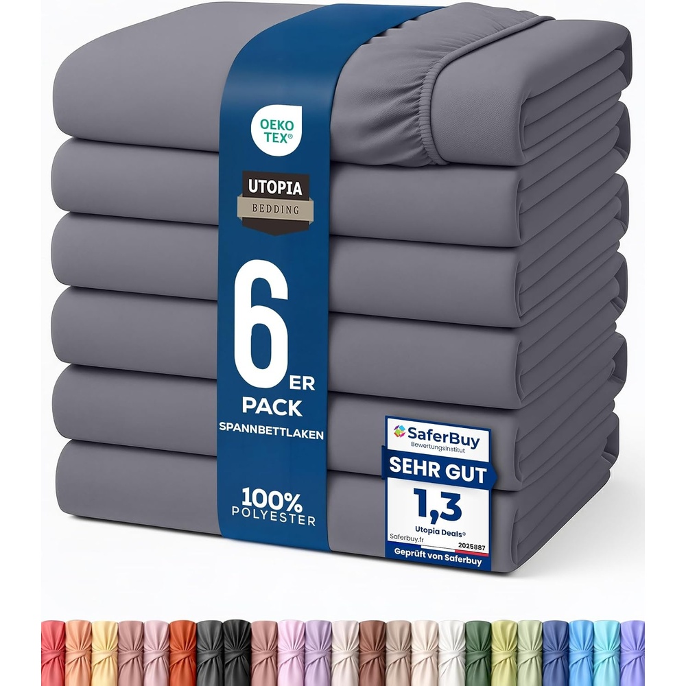 image:imageUtopia Bedding 6er Set Spannbettlaken 160 x 200 cm WeiGrau