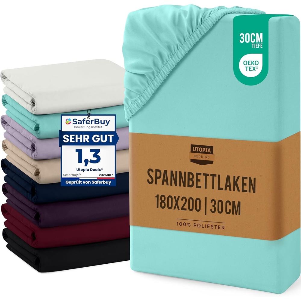 image:imageUtopia Bedding Spannbettlaken 90x200cm Bis 30 cm BeigeSpa Blau