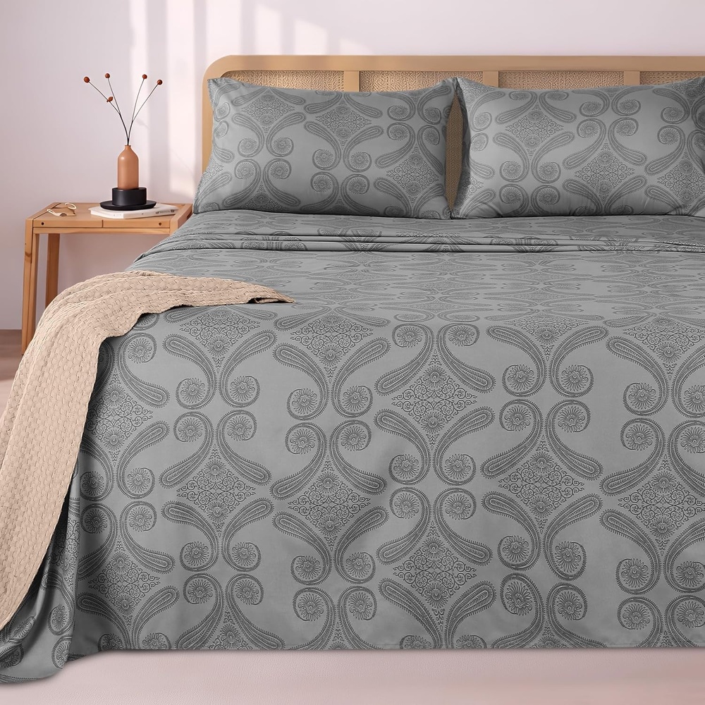 image:imageUtopia Bedding 4Teiliges Bedrucktes Bettlaken Set 135 x 190 cm Paisley Grau PolyesterMikrofaser 1 Spannbetttuch 135x190 cm 1 Bettlaken 225x255 cm und 2 Kissenbezge 50x75 cm