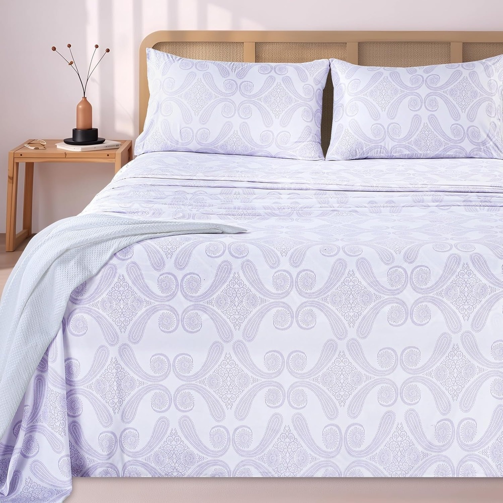 image:imageUtopia Bedding 4Teiliges Bedrucktes Bettlaken Set 180 x 200 cm Paisley Lavendel PolyesterMikrofaser 1 Spannbetttuch 180x200 cm 1 Bettlaken 270x290 cm und 2 Kissenbezge 50x75 cm