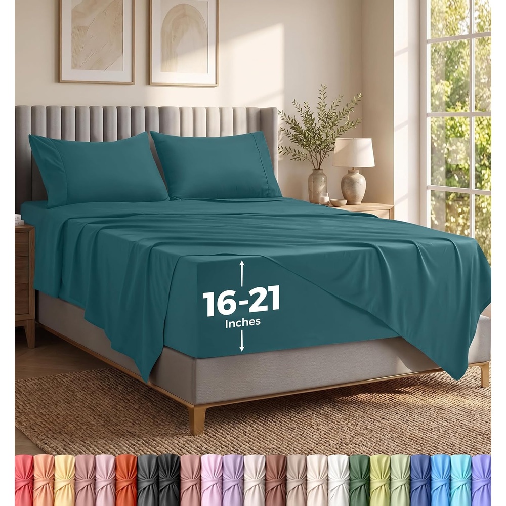 image:imageUtopia Bedding Bettlaken Set 3 Teilige Schwarz Polyester Mikrofaser OekoTex Zertifiziert Spannbettlaken 90x190 Bettlaken 167x243 1 Bestickten Kissenbezug 50x75Denim Blau