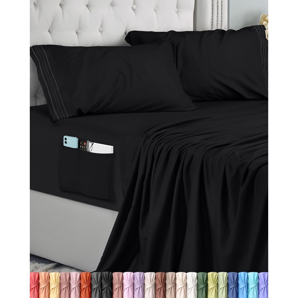 image:imageUtopia Bedding Bettlaken Set 3 Teilige Schwarz Polyester Mikrofaser OekoTex Zertifiziert Spannbettlaken 90x190 Bettlaken 167x243 1 Bestickten Kissenbezug 50x75Schwarz