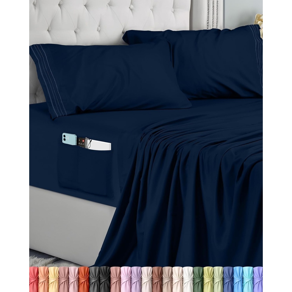 image:imageUtopia Bedding Bettlaken Set 3 Teilige Schwarz Polyester Mikrofaser OekoTex Zertifiziert Spannbettlaken 90x190 Bettlaken 167x243 1 Bestickten Kissenbezug 50x75Marineblau