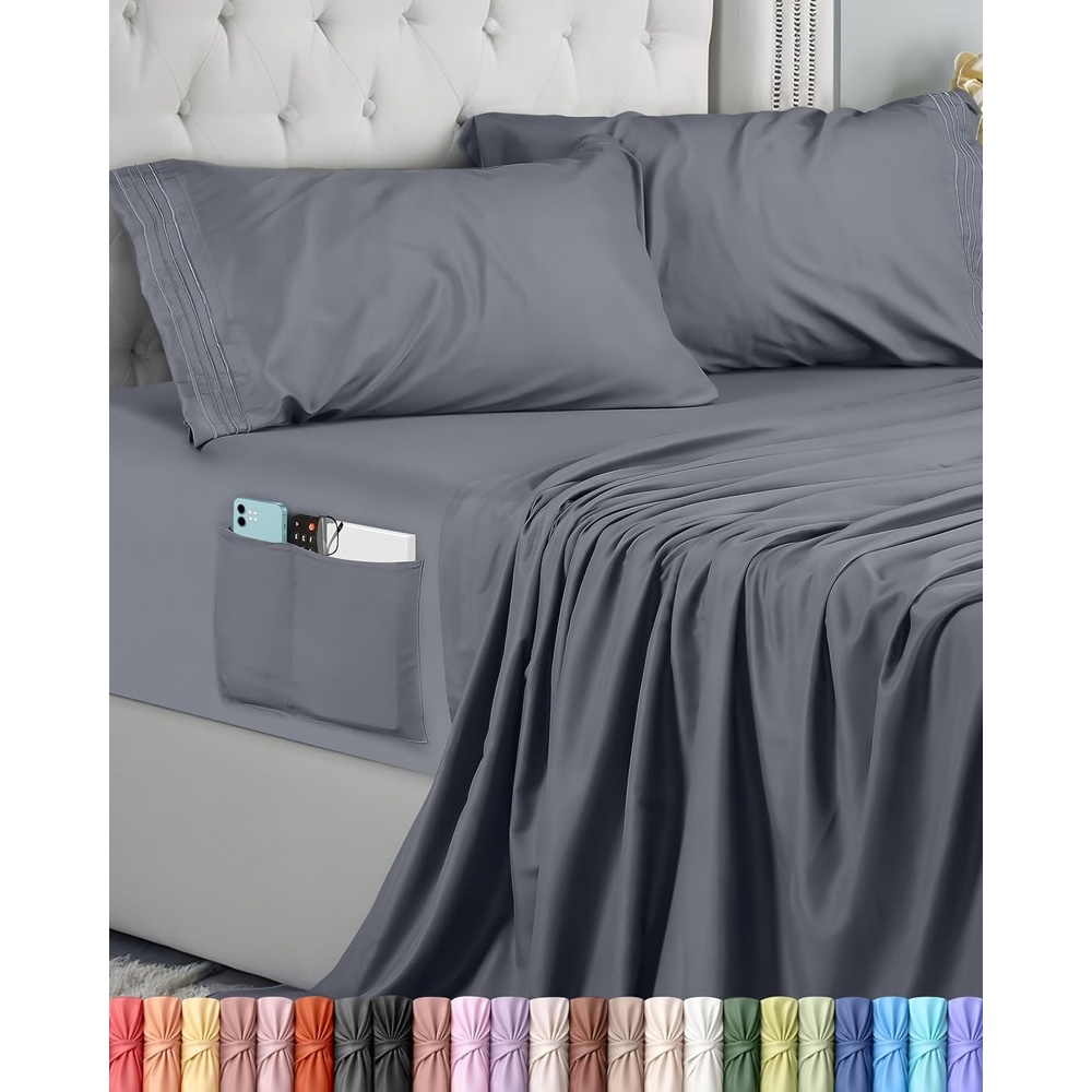 image:imageUtopia Bedding Bettlaken Set 3 Teilige Schwarz Polyester Mikrofaser OekoTex Zertifiziert Spannbettlaken 90x190 Bettlaken 167x243 1 Bestickten Kissenbezug 50x75Grau