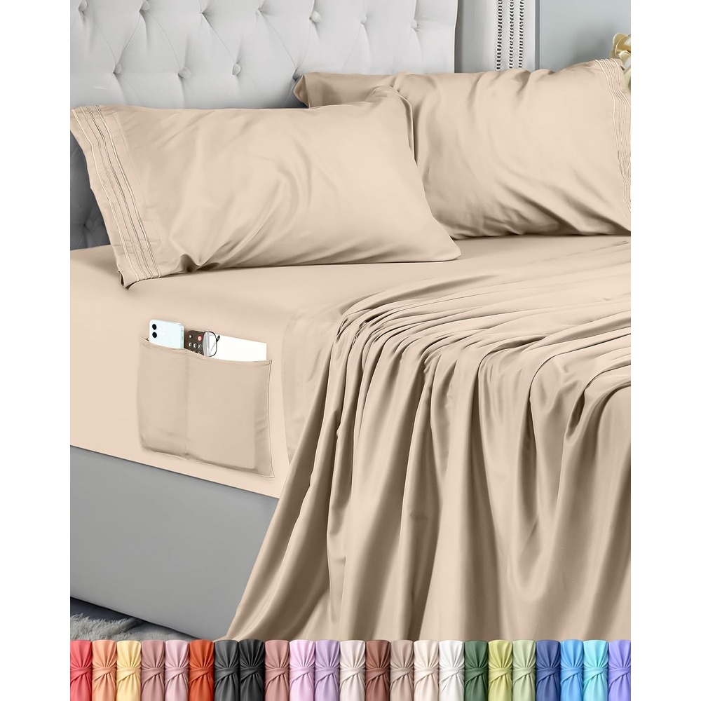 image:imageUtopia Bedding Bettlaken Set 3 Teilige Schwarz Polyester Mikrofaser OekoTex Zertifiziert Spannbettlaken 90x190 Bettlaken 167x243 1 Bestickten Kissenbezug 50x75Beige