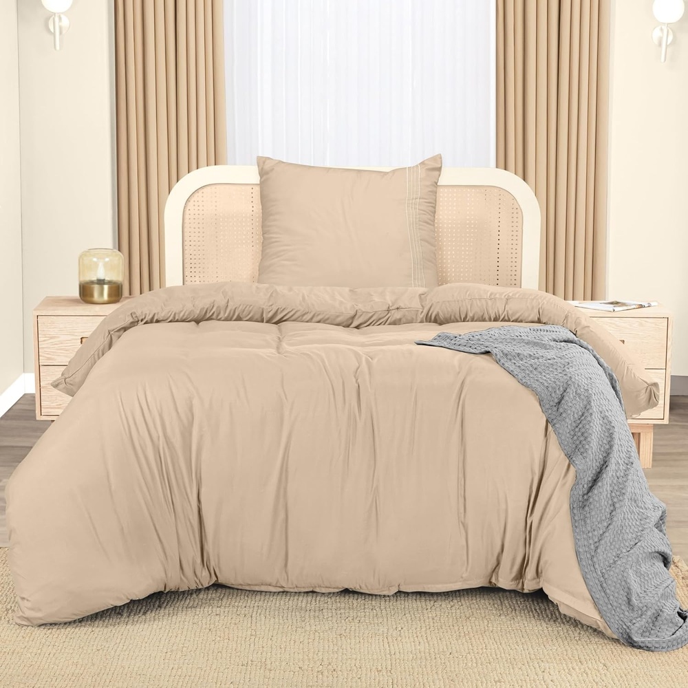 image:imageUtopia Bedding Bettwsche 220x240 Set Mikrofaser Bettbezug 240x220 cm 2 Bestickte Kissenbezge 65x65 cm SchwarzBeige