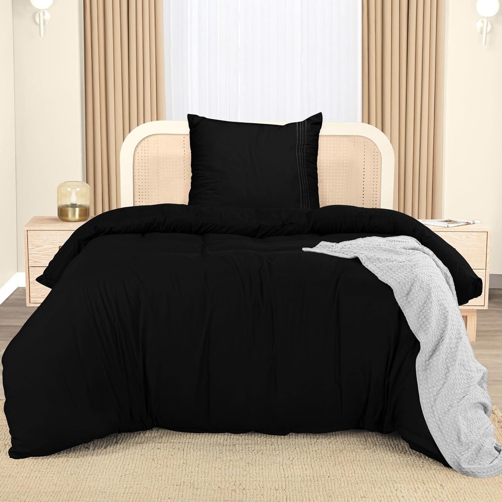 image:imageUtopia Bedding Bettwsche 220x240 Set Mikrofaser Bettbezug 240x220 cm 2 Bestickte Kissenbezge 65x65 cm SchwarzSchwarz