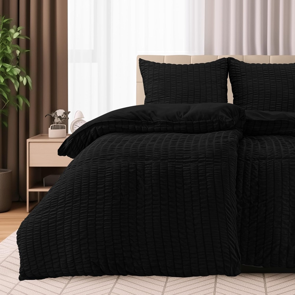 image:imageUtopia Bedding Seersucker Bettwsche 135x200 4teilig Mikrofaser Polyester 2 Bettbezug 135x200 cm 2 Kissenbezug 80x80 cm WeiSchwarz